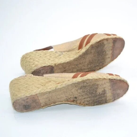 Ralph Lauren Linen Brown Leather Gold Foil Slingback Wedges Heels Sandals 9.5 - Picture 10 of 10